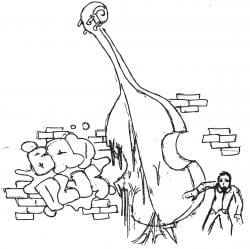 Drawing of the back of a melting cello with a person running away, and the words "Bad Plus" in inflated letters on a wall