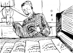 Drawing of Bryn Geffert reading a newspaper with a printing press in front printing more issues
