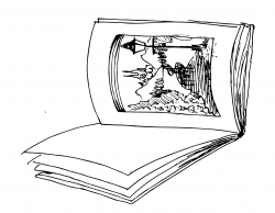 Drawing of an open book on its side, with an image of a path with a lamp post on one page
