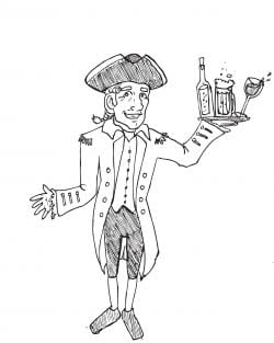 Drawing of a person wearing a tricorn hat, smiling, and holding a tray of alcoholic drinks
