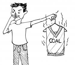 Drawing of person pinching their nose and making a face while holding out a vest labeled "Coal" and surrounded by lines indicating smell