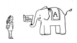 Drawing of a person looking at an elephant that has a sign saying "Go Jeffs" in its trunk