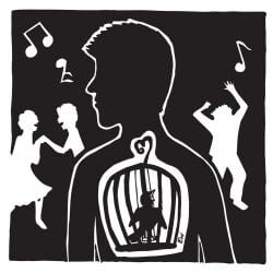 Silhouette drawing of a person with a caged bird inside them, looking at other people dancing