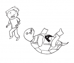 Drawing of turtle on its back, with a letter A on its front, and a person looking concerned in the background