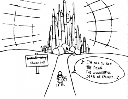 Drawing of the Emerald City from the Wizard of Oz, with a sign in front showing the words "Emerald City" crossed out and the words "Chapin Hall" underneath, and a person on the road singing "I'm off to see the Dean... the wonderful Dean of Faculty..."