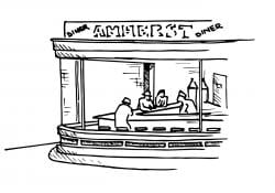 Drawing that looks like the painting Nighthawks, but with the diner labeled "Amherst Diner"