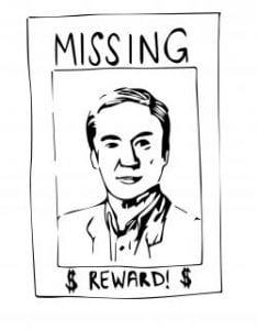 Drawing of poster showing Jim Larimore and labeled "Missing" at the top and "$ Reward! $" at the bottom