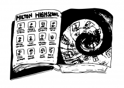 Drawing of "Hilton Highschool" yearbook, with page on right spiraling inward