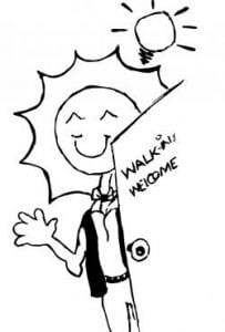 Drawing of waving person with a smiling sun for a head, holding open a door labeled "Walk-ins Welcome" and with a lightbulb above their head