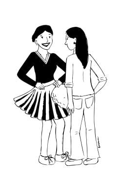 Drawing of two people, one facing forward while smiling and dressed like a cheerleader, the other facing away and wearing a regular shirt and pants