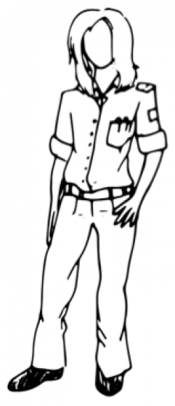 Drawing of person with long hair, button down shirt with sleeves rolled up, and pants