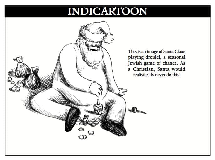 Drawing of Santa Clause spinning a dreidel, with the words "This is an image of Santa Clause playing dreidel, a seasonal Jewish game of chance. As a Christian, Santa would realistically never do this."