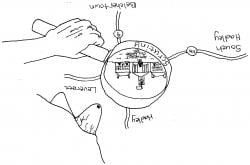 Drawing of a person looking though a magnifying glass at Amherst College on an upside down map