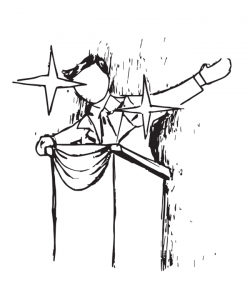 Drawing of person at podium, holding arm out, with stars superimposed on them