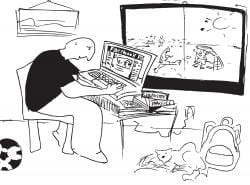 Drawing of a person working on a laptop, at a table, with a cat and a window which shows people playing soccer outside