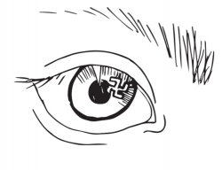 Drawing of a close up of an eye, with a small swastika in the pupil