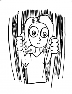 Drawing of a person with exaggerated eyes looking out of a barred place, holding on to two of the bars