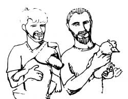 Drawing of two people, one holding a dog and the other holding a chicken