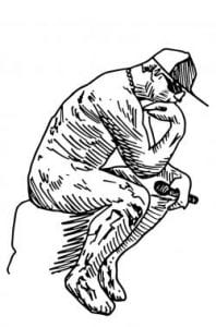 Drawing of The Thinker wearing a baseball cap and sunglasses, and holding a microphone