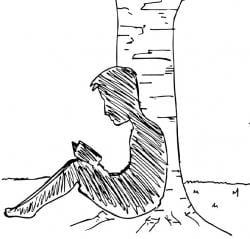 Silhouette of person sitting on the ground with their back against a tree, reading a book