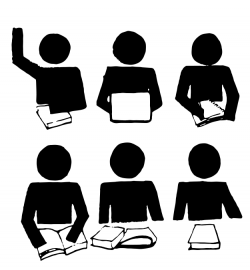six icons of generic people with books and one is raising their hand