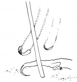 A drawing of an empty swingset and the back half of an alligator beneath it