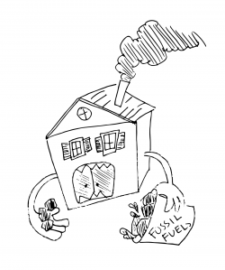 Drawing of a house that looks like it is eating, with coal in one hand and a bucket labeled "Fossil Fuels" in the other