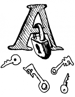 Drawing of a capital letter "A" with a lock on the crossbar of the letter and various keys in front of it