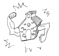 Drawing of a brick building, with muscular arms that are flexing