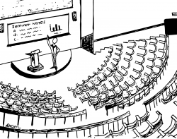 Drawing of large lecture hall with a person teaching at the front and all of the seats empty