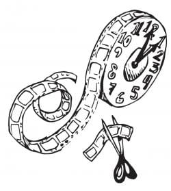 Drawing of a movie reel that is also a clock, with some of the film being cut off with scissors