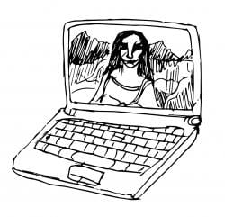 Drawing of a laptop with the Mona Lisa on the screen