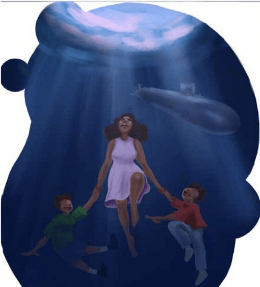 drawing of a woman with two children underwater