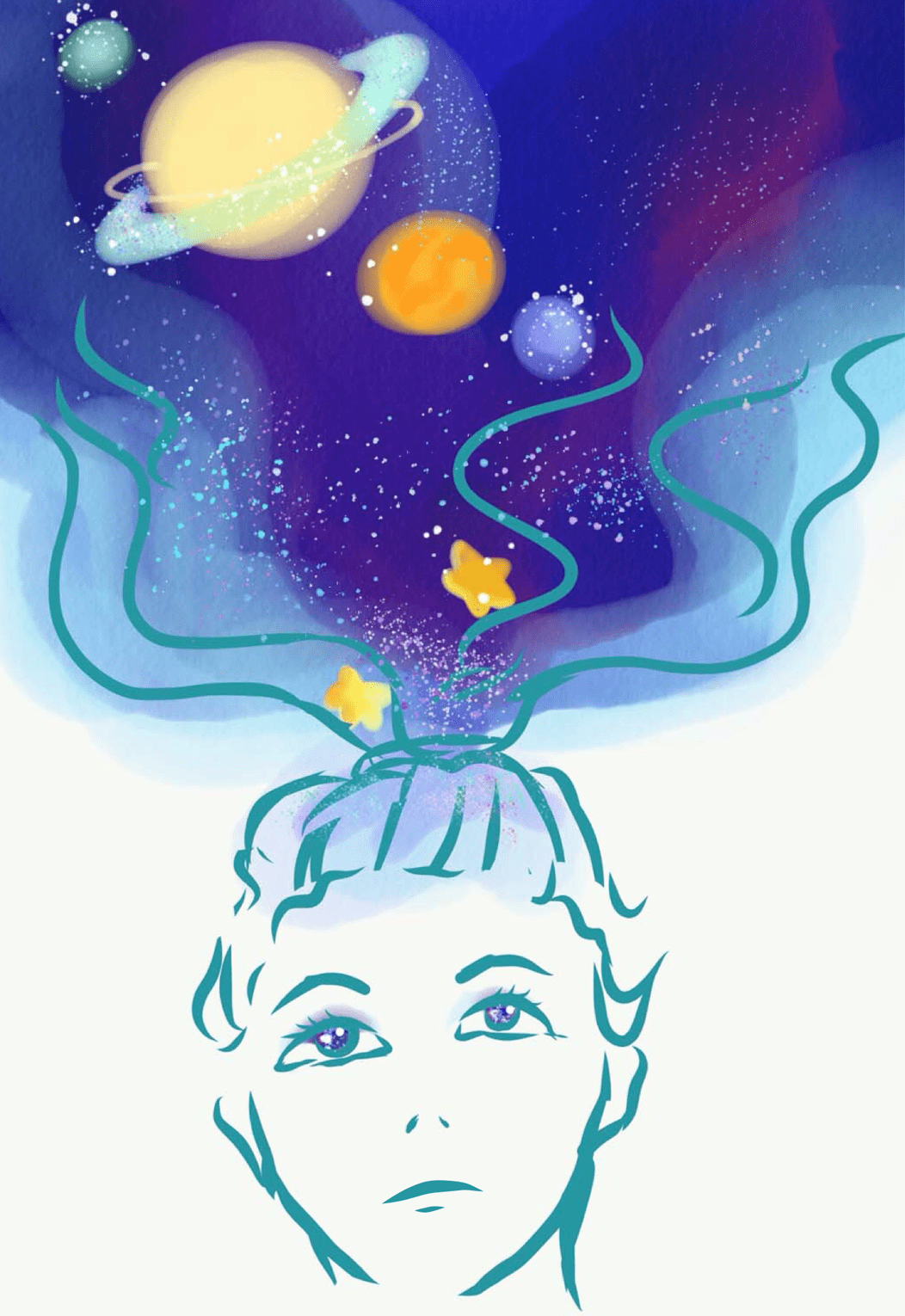 blue outline of person dreaming of planets