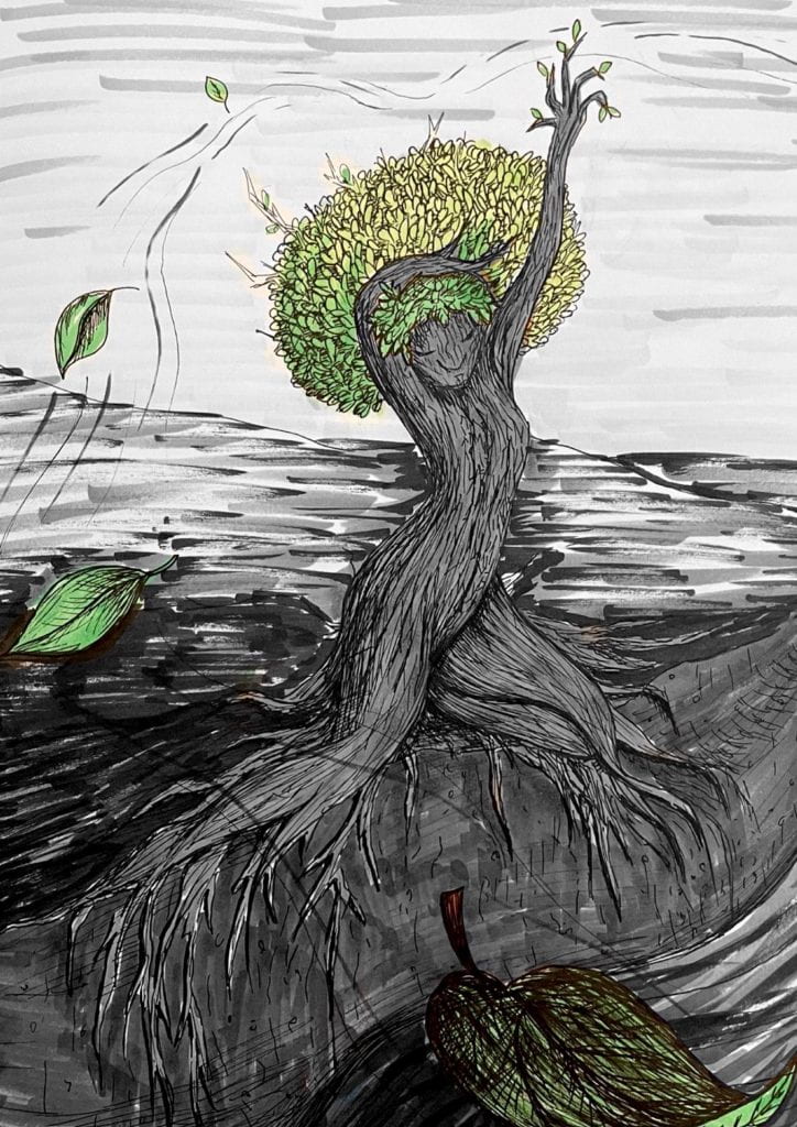 drawing of a humanoid tree underwater