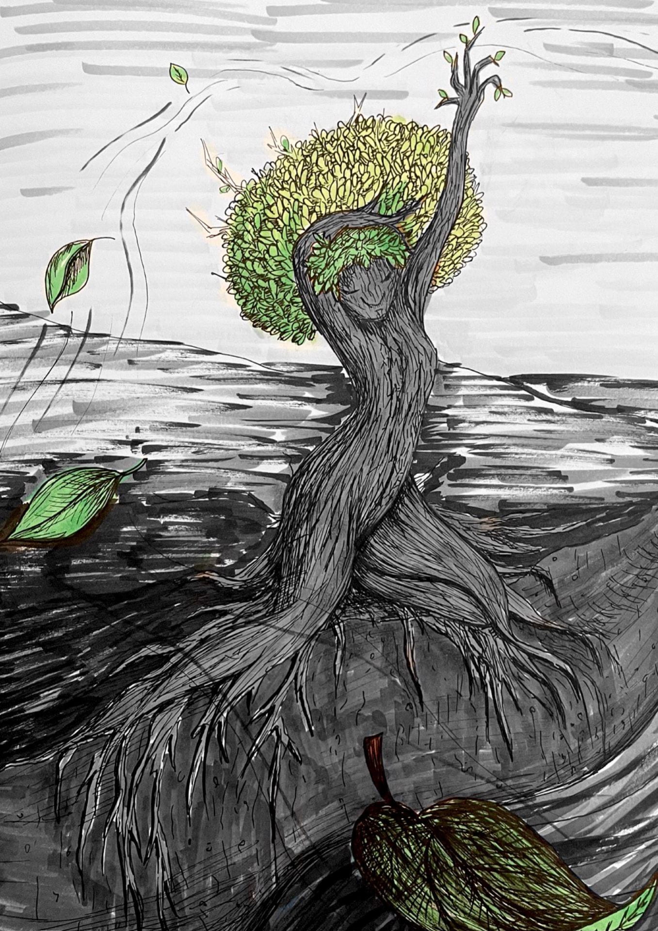 drawing of a humanoid tree underwater