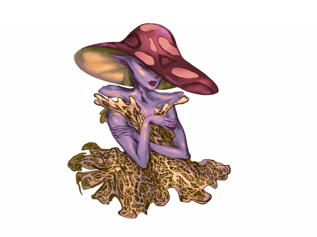 drawing of a purple woman wearing a mushroom hat