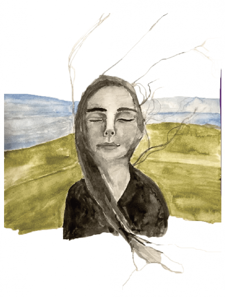 drawing of a woman in front of watercolor hills