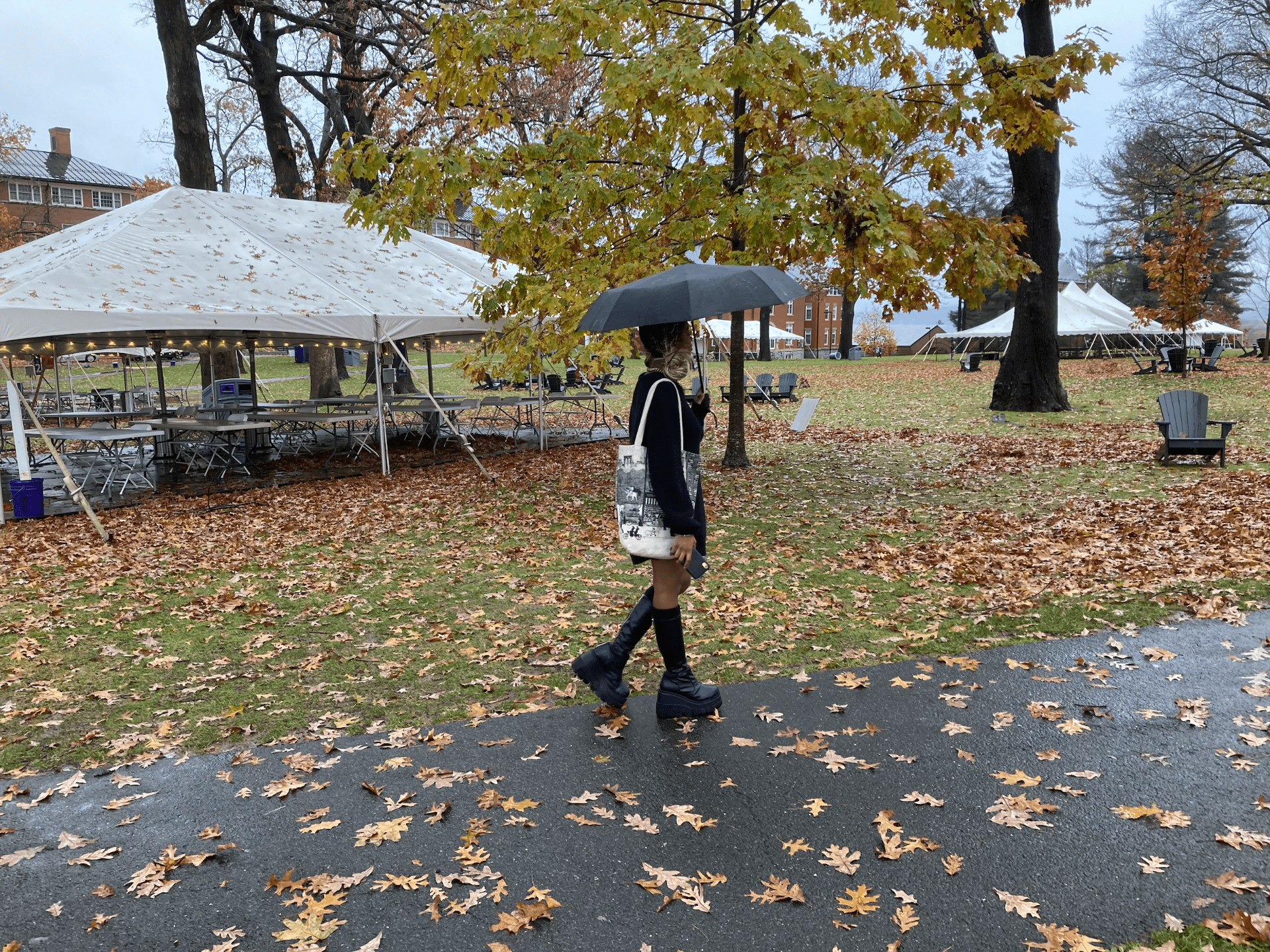 photo of a student walking in leaves at amherst college