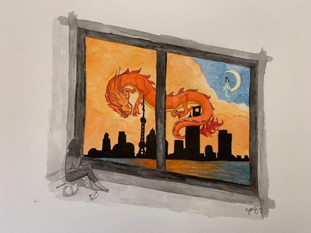 drawing of window with a red dragon outside