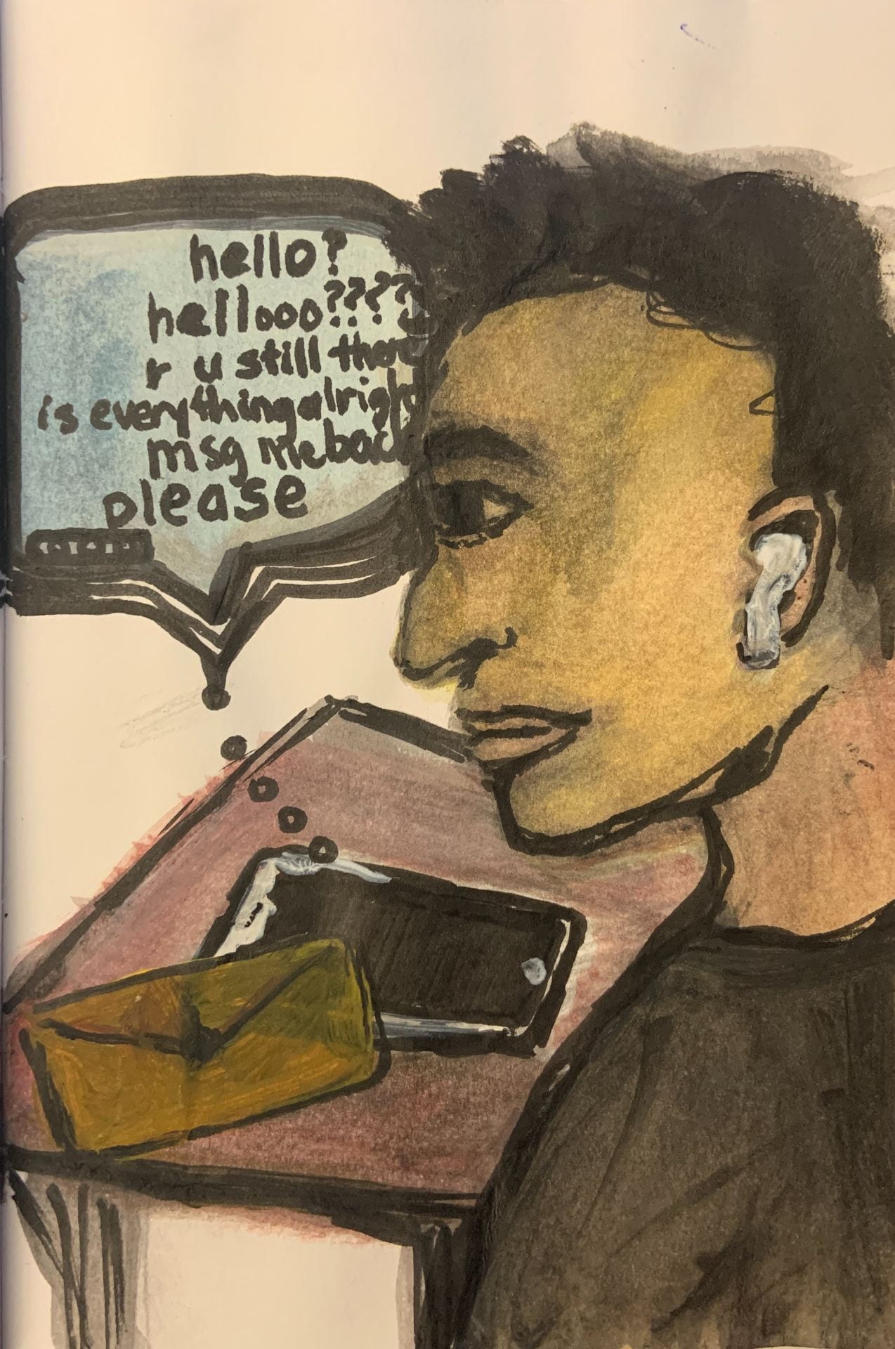 drawing of a boy looking at his IPhone and his letter