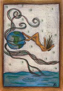 drawing of a person falling into an ocean, with a picture of Earth tangled in lines