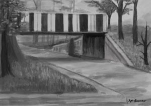 drawing of a bridge in black-and-white