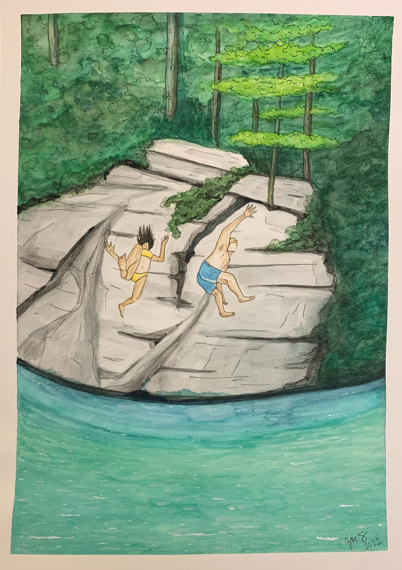 drawing of two people jumping into the water