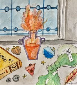 A watercolor painting of a few different colored potions