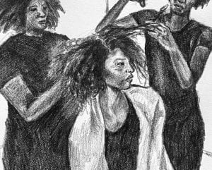 A black and white drawing of a girl's hair being combed and braided.