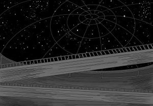A black and white photo of a planetarium