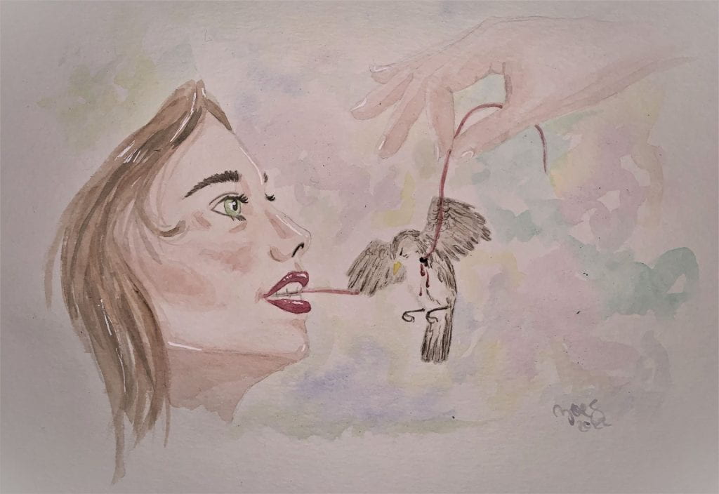 Watercolor image of a woman with a red thread sticking through a bird