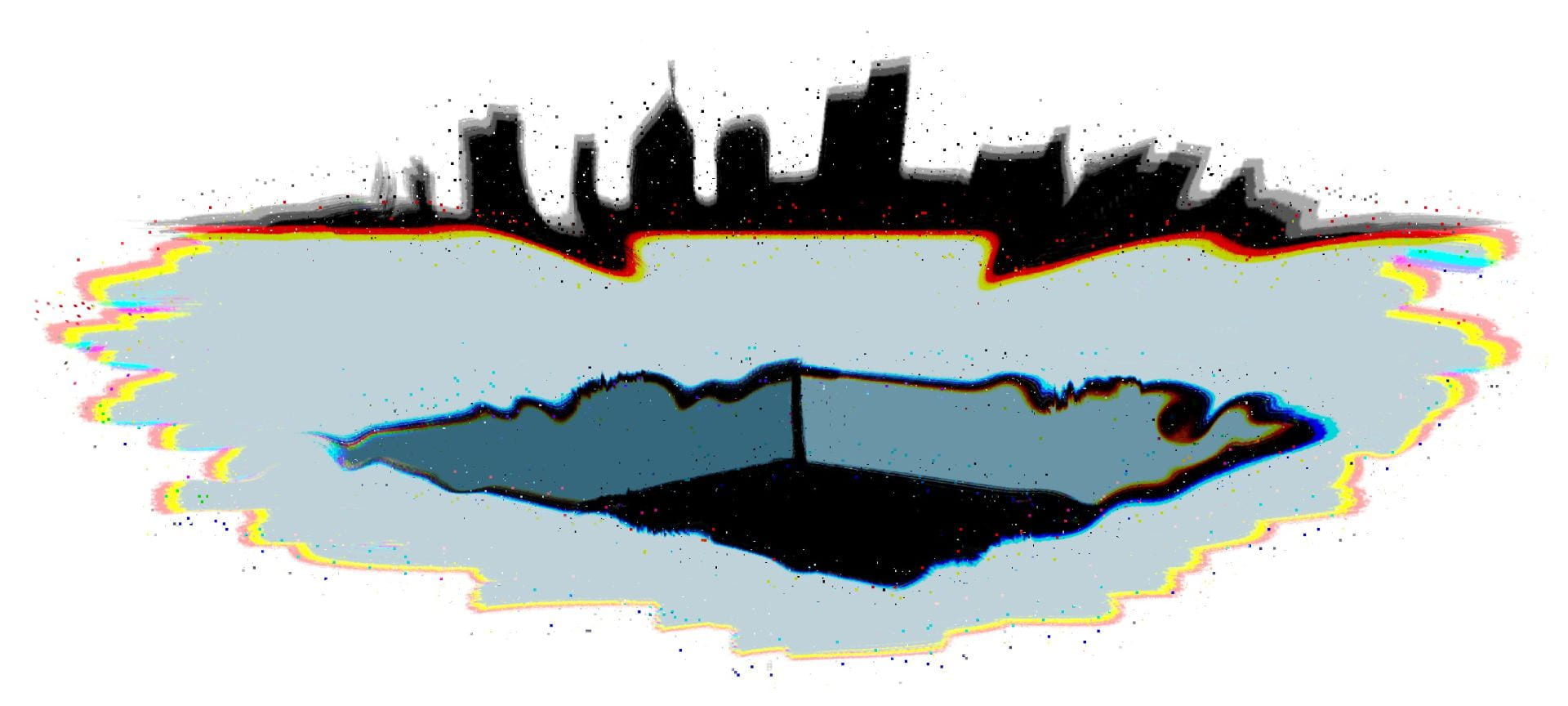 Digital art. A city atop a hole in the blue ground. Colors are speckled around the image