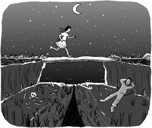 Black and white digital art piece. A girl is running across the bridge while the boy sits underneath.